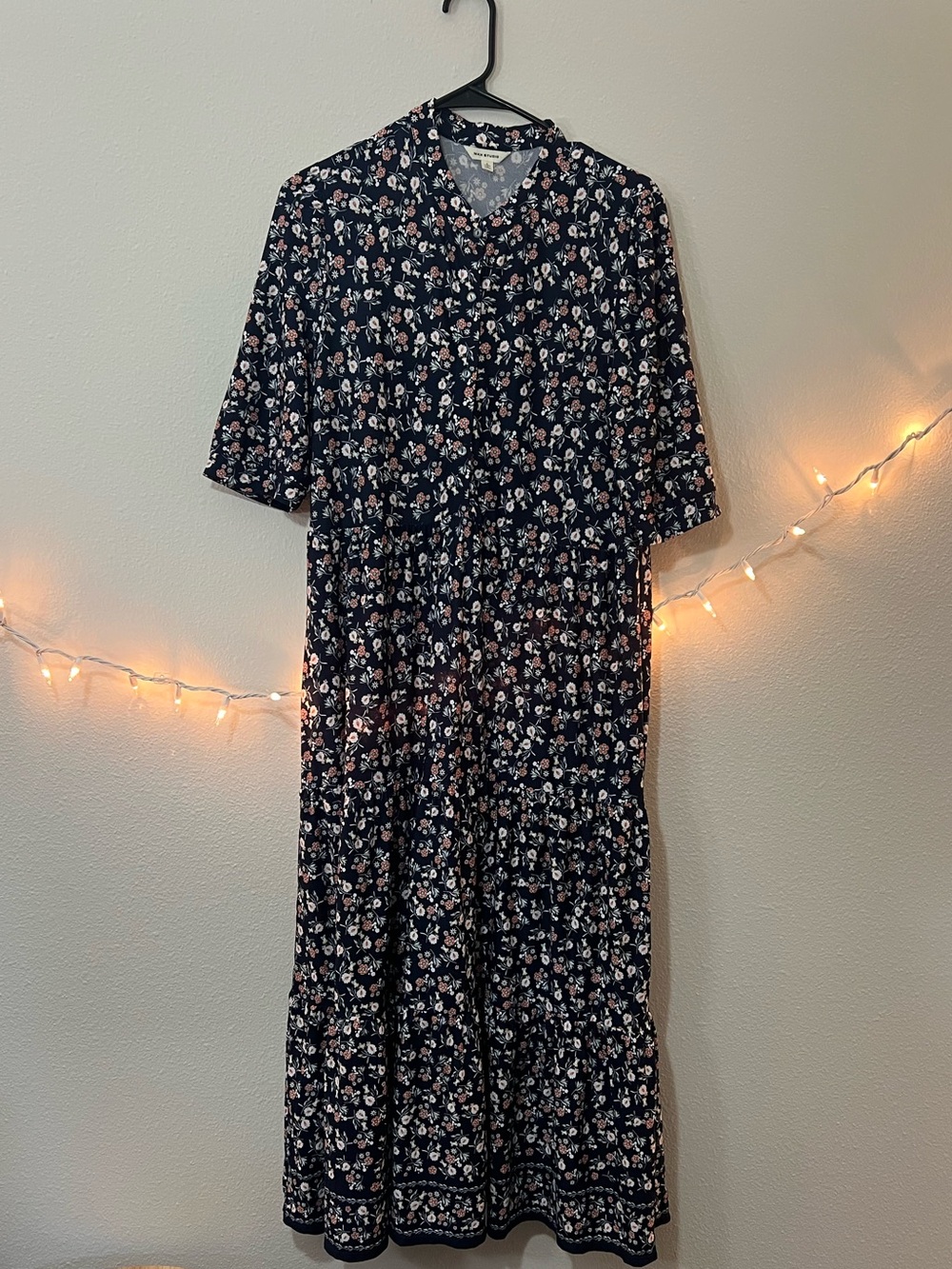 Floral Tiered Midi Dress - Navy with Pink & White Flowers - Nordstrom Rack